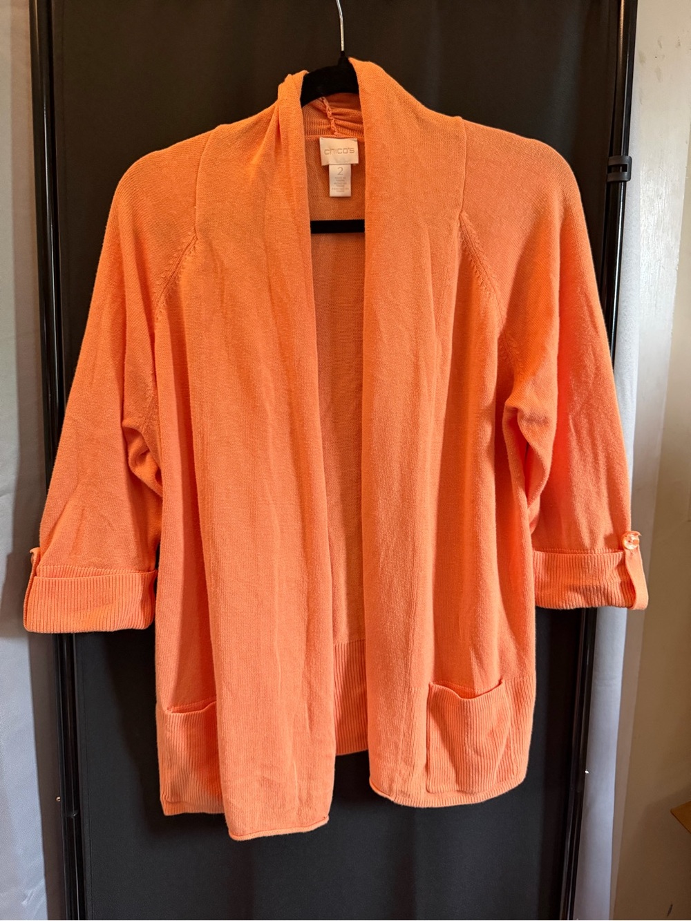 Chico's Coral-Orange Open Front Shawl Collar Cardigan